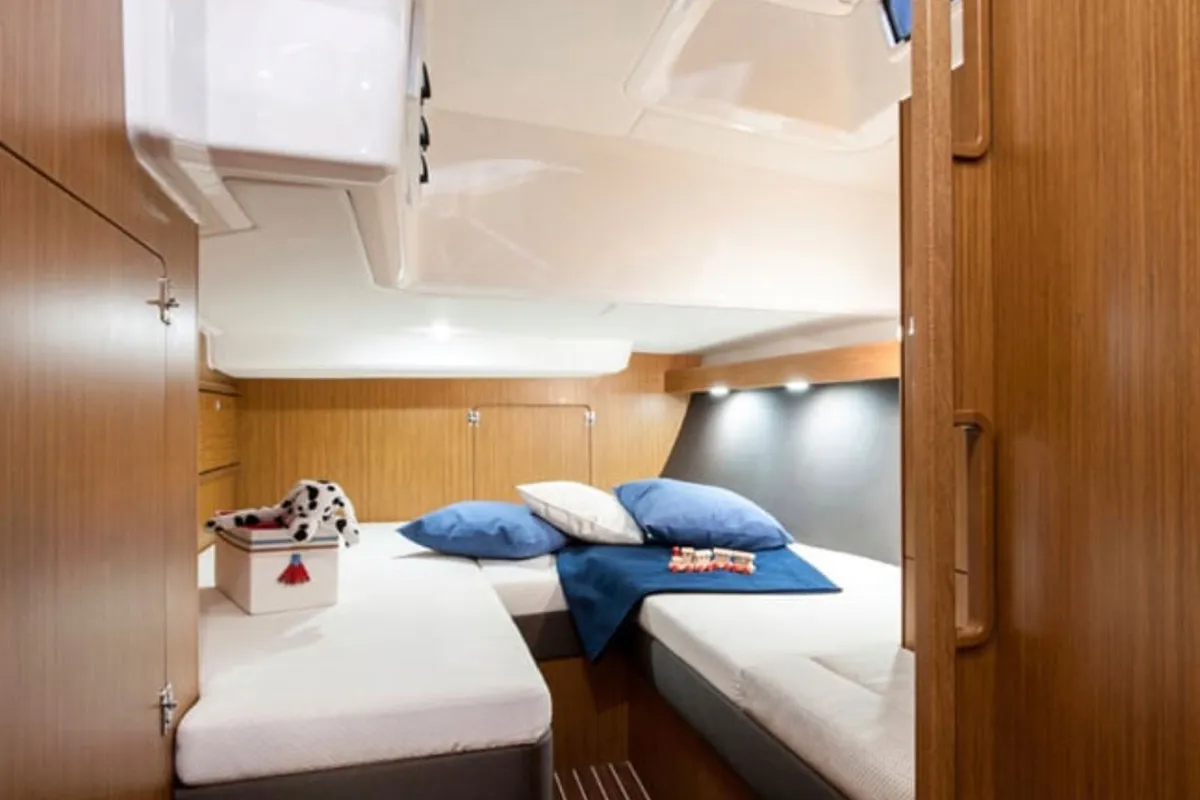 Cabin on Kallirrhoe, a Bavaria Cruiser 56 sailboat at Lavrion, Greece
