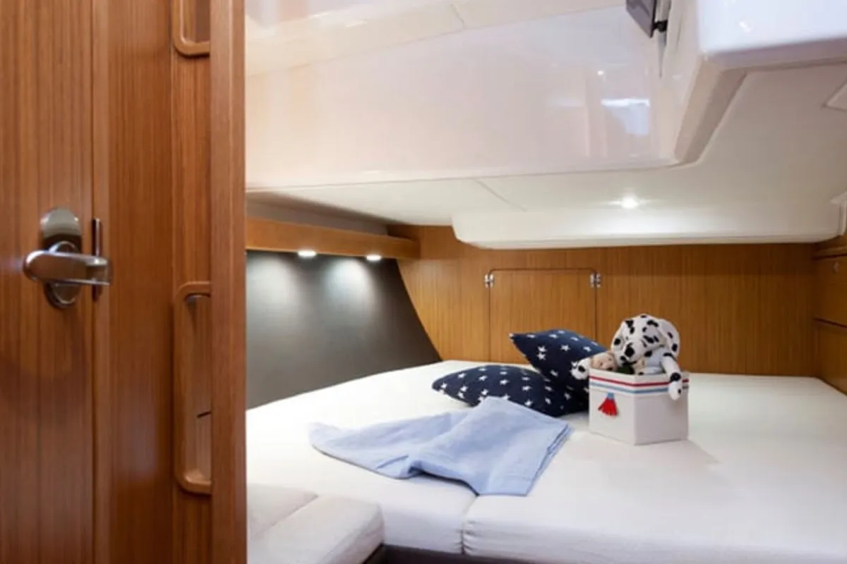 Cabin on Kallirrhoe, a Bavaria Cruiser 56 sailboat at Lavrion, Greece