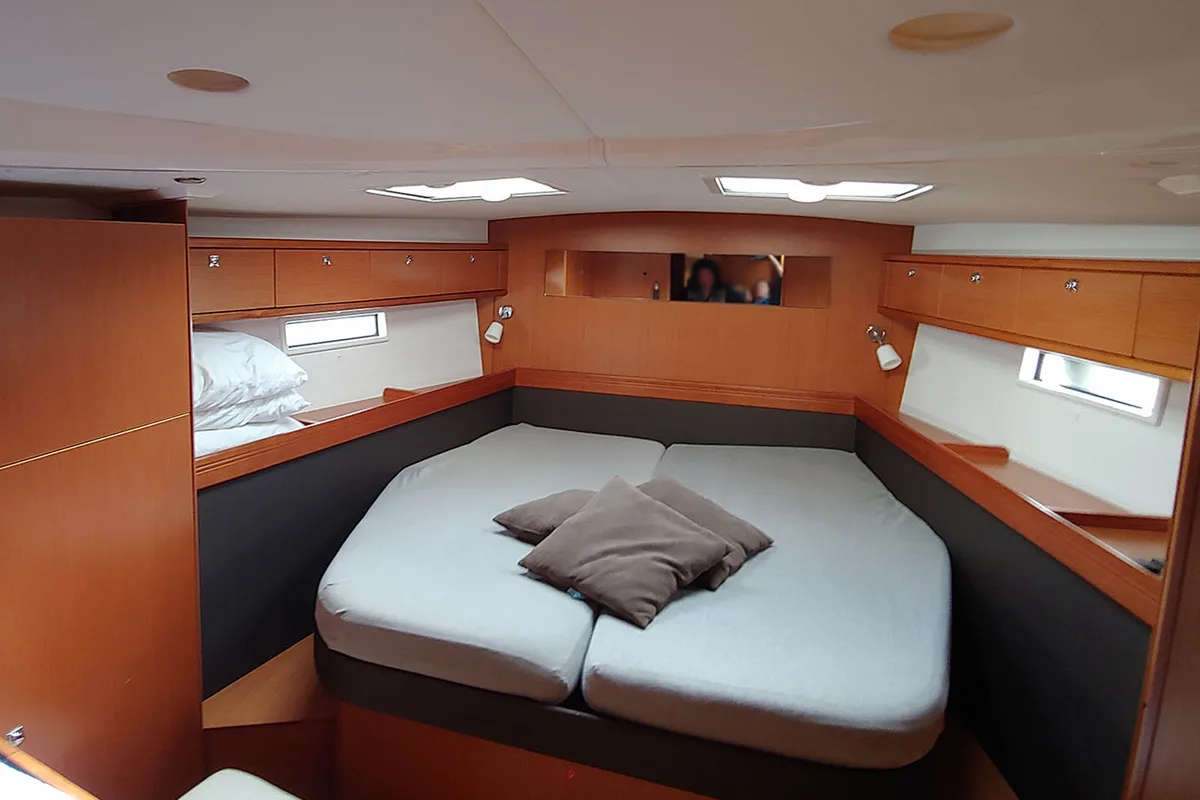 Cabin on Kallirrhoe, a Bavaria Cruiser 56 sailboat at Lavrion, Greece