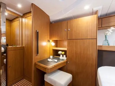 Cabin on Kallirrhoe, a Bavaria Cruiser 56 sailboat at Lavrion, Greece
