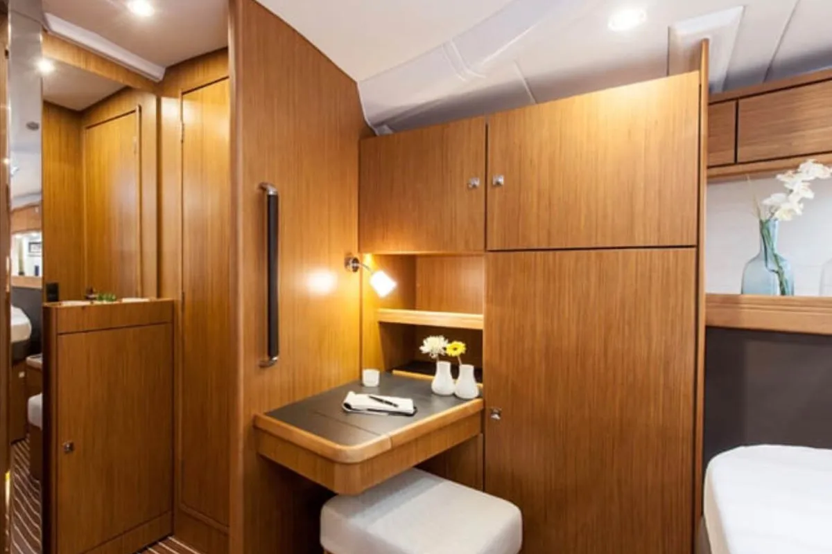 Cabin on Kallirrhoe, a Bavaria Cruiser 56 sailboat at Lavrion, Greece