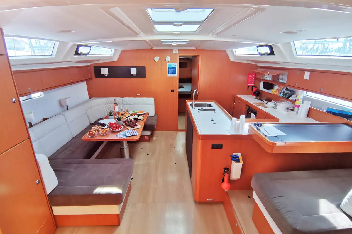 Salon of Kallirrhoe, a Bavaria Cruiser 56 sailboat at Lavrion, Greece