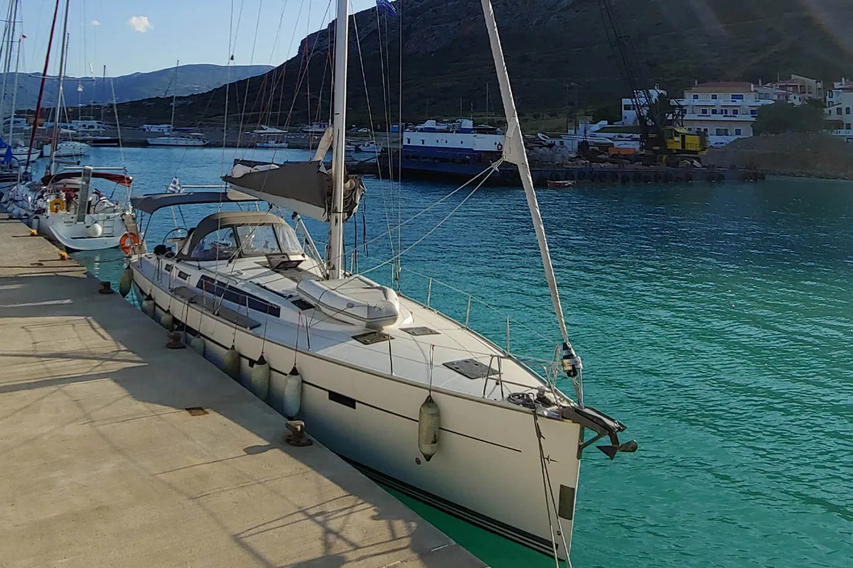 Exterior view of Kallirrhoe, a Bavaria Cruiser 56 sailboat at Lavrion, Greece