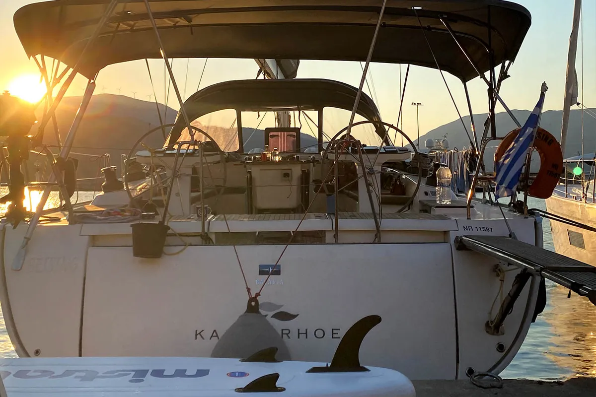 Exterior view of Kallirrhoe, a Bavaria Cruiser 56 sailboat at Lavrion, Greece