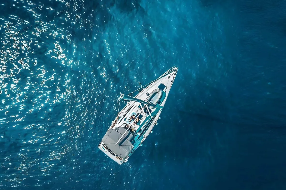 Exterior view of Kallirrhoe, a Bavaria Cruiser 56 sailboat at Lavrion, Greece