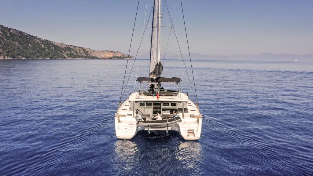 Exterior view of Capella, a Lagoon 52 F catamaran at Fethiye, Turkey
