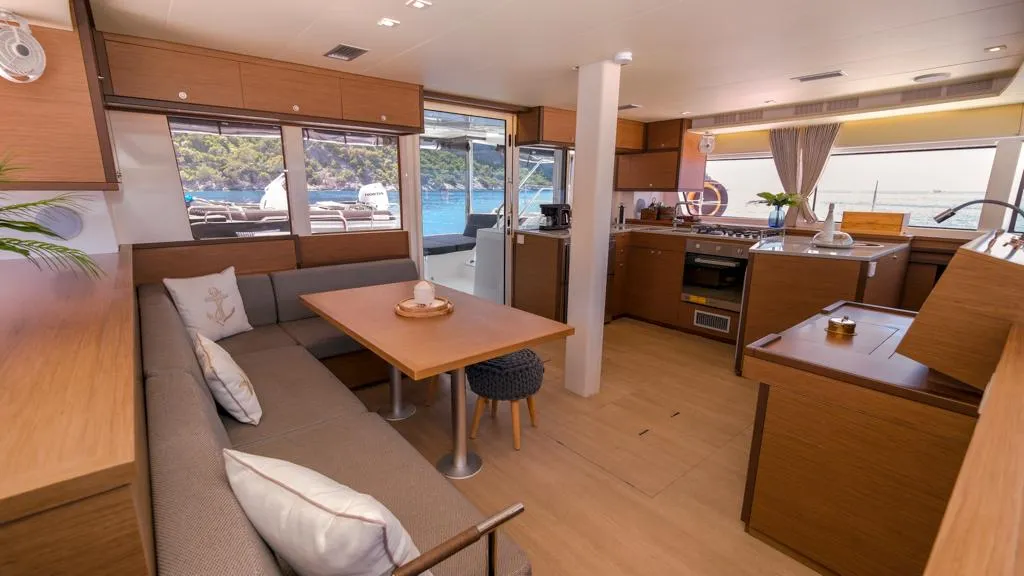 Salon of Capella, a Lagoon 52 F catamaran at Fethiye, Turkey