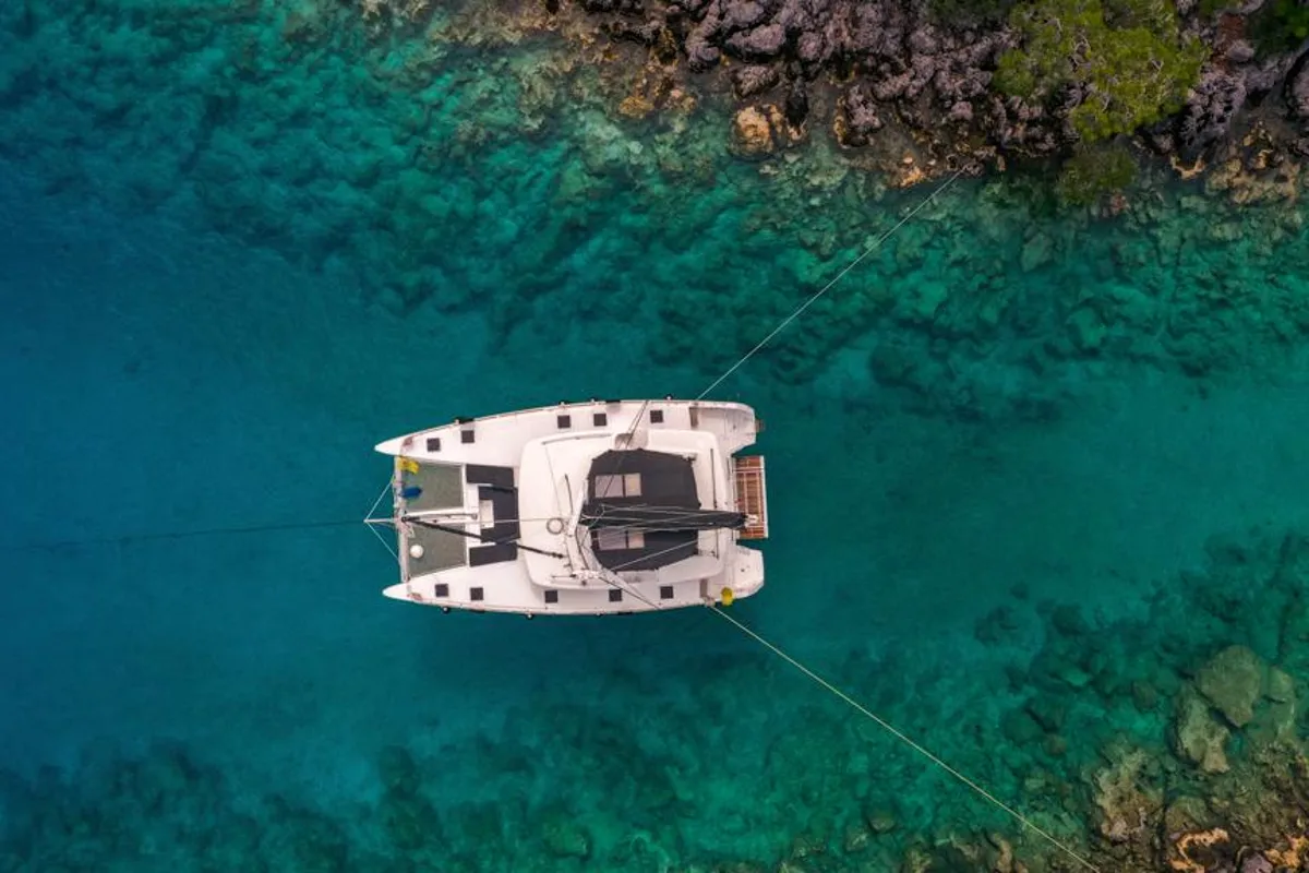 Exterior view of Capella, a Lagoon 52 F catamaran at Fethiye, Turkey