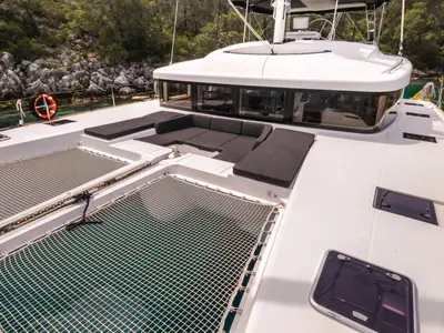 Deck of Capella, a Lagoon 52 F catamaran at Fethiye, Turkey
