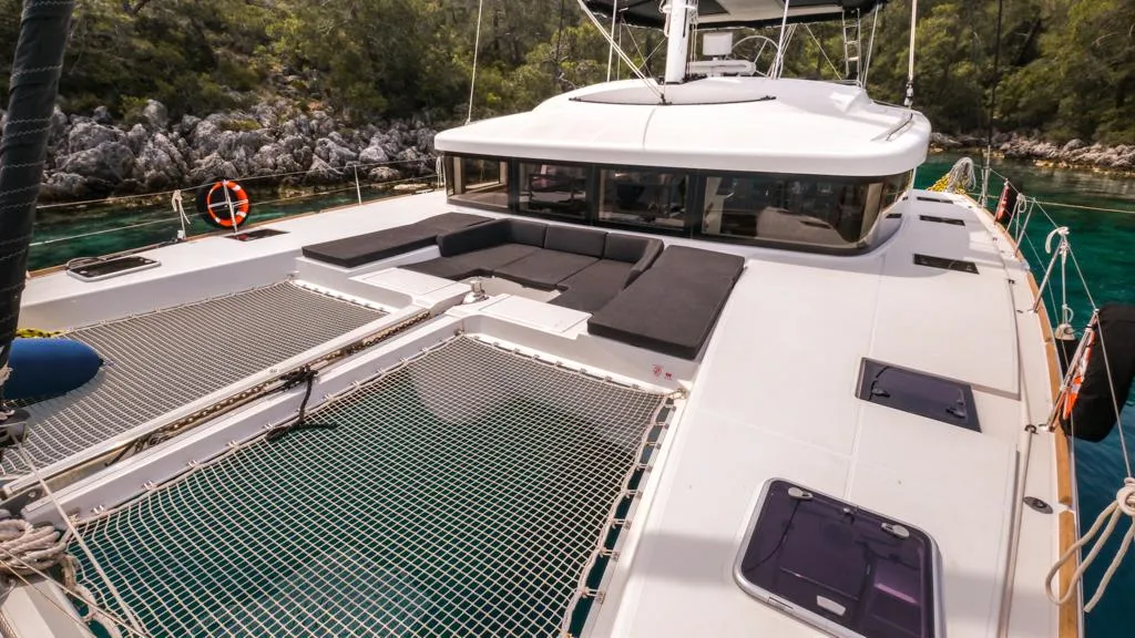 Deck of Capella, a Lagoon 52 F catamaran at Fethiye, Turkey