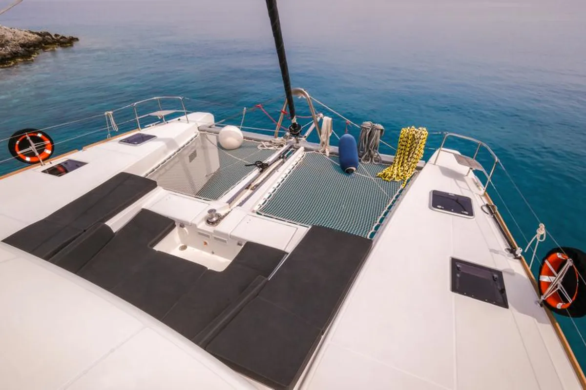Deck of Capella, a Lagoon 52 F catamaran at Fethiye, Turkey