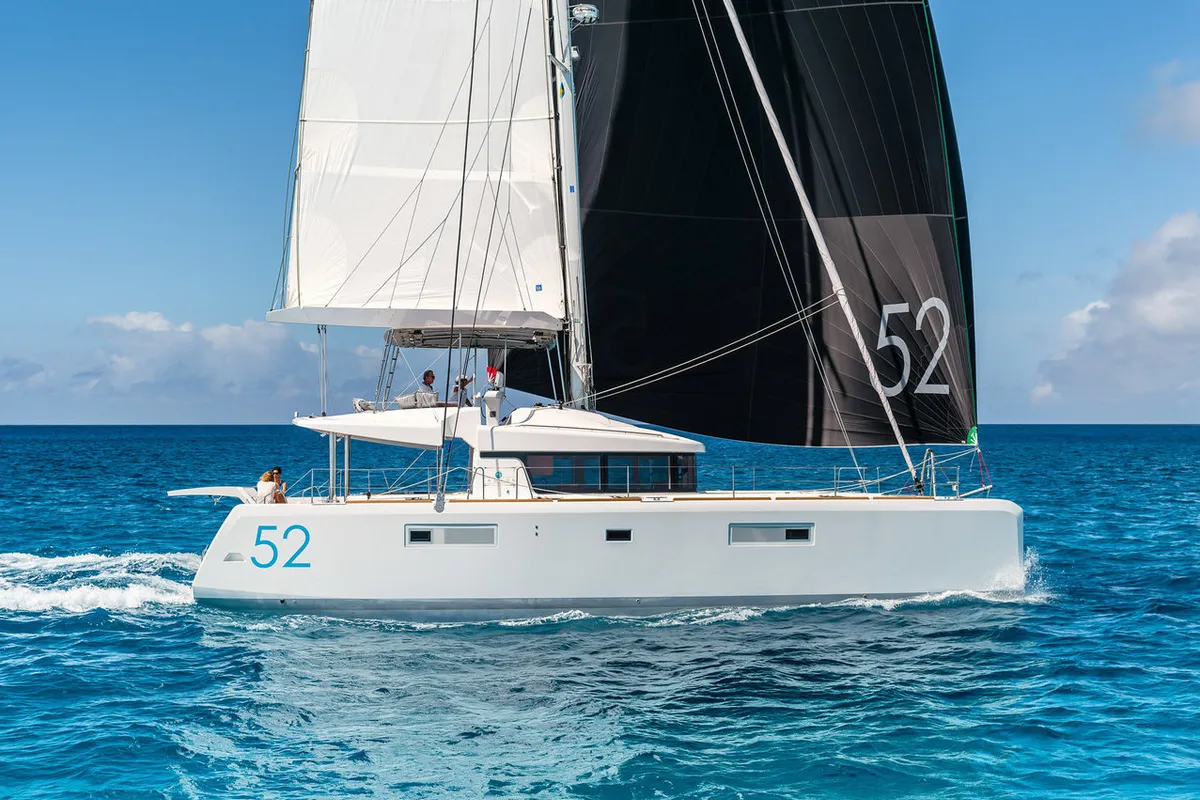 Exterior view of Capella, a Lagoon 52 F catamaran at Fethiye, Turkey