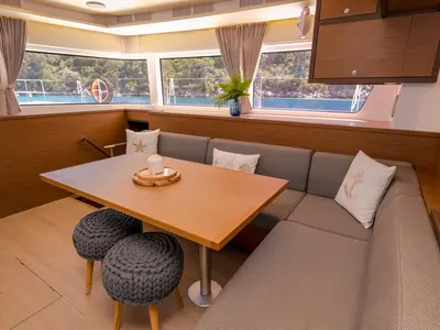 Salon of Capella, a Lagoon 52 F catamaran at Fethiye, Turkey