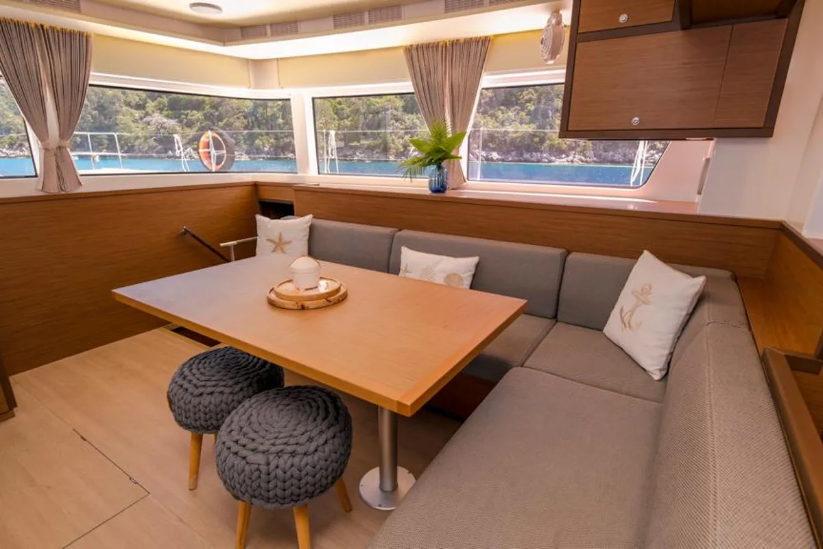 Salon of Capella, a Lagoon 52 F catamaran at Fethiye, Turkey