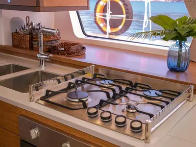 Galley of Capella, a Lagoon 52 F catamaran at Fethiye, Turkey