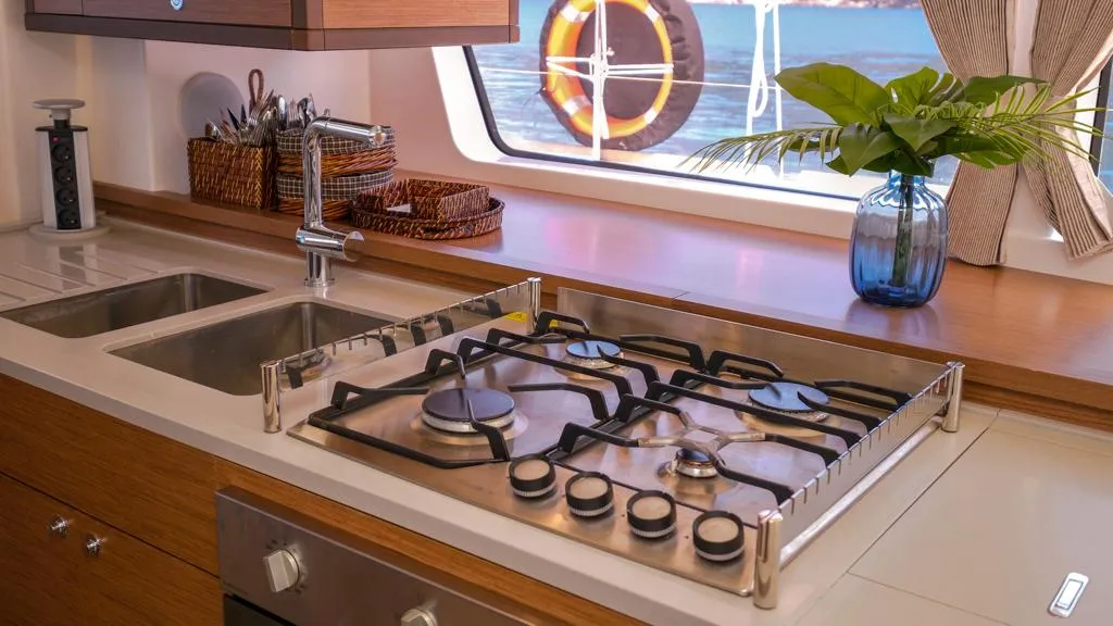 Galley of Capella, a Lagoon 52 F catamaran at Fethiye, Turkey