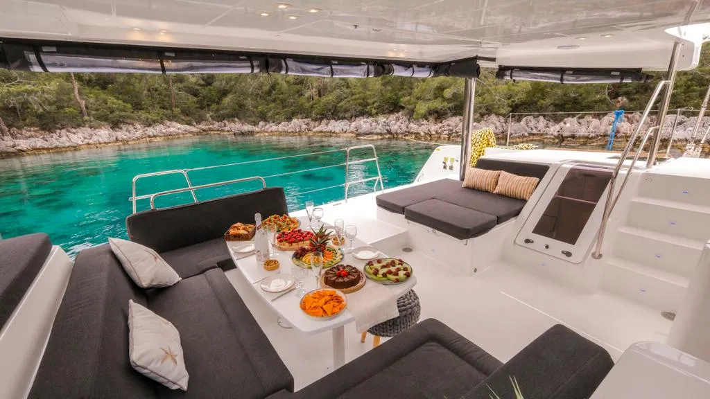 Deck of Capella, a Lagoon 52 F catamaran at Fethiye, Turkey