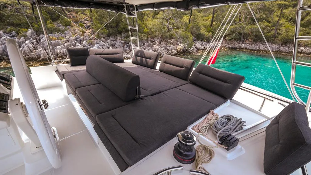 Deck of Capella, a Lagoon 52 F catamaran at Fethiye, Turkey