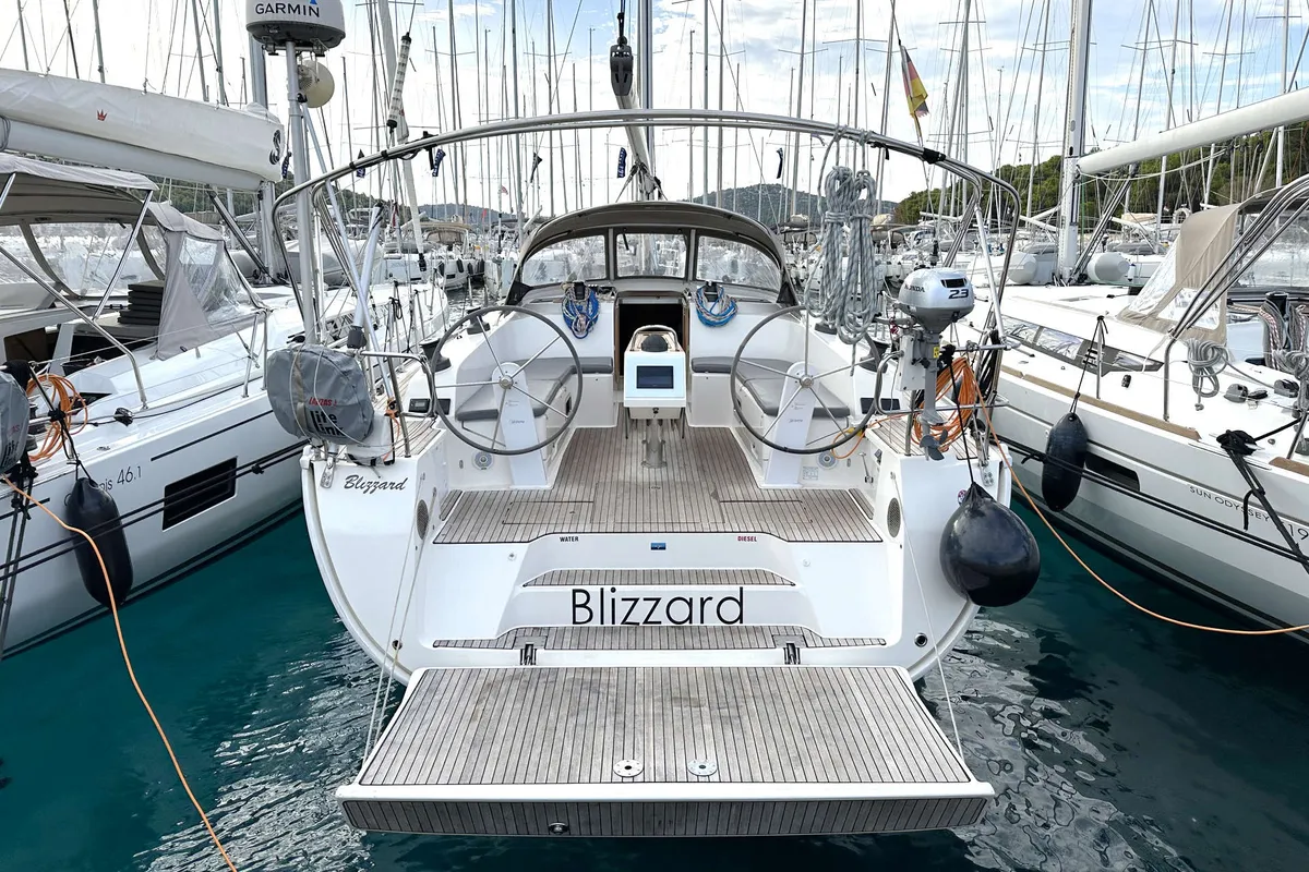 Cockpit of Blizzard, a Bavaria Cruiser 46 sailboat at Općina Rogoznica, Croatia