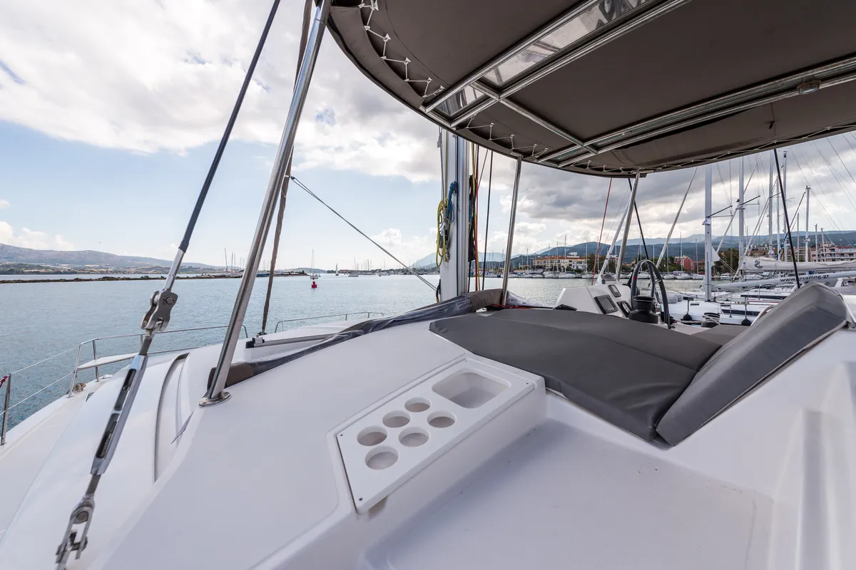 Deck of Vallejo, a Bali 4.0 catamaran at Municipal Unit of Lefkada, Greece