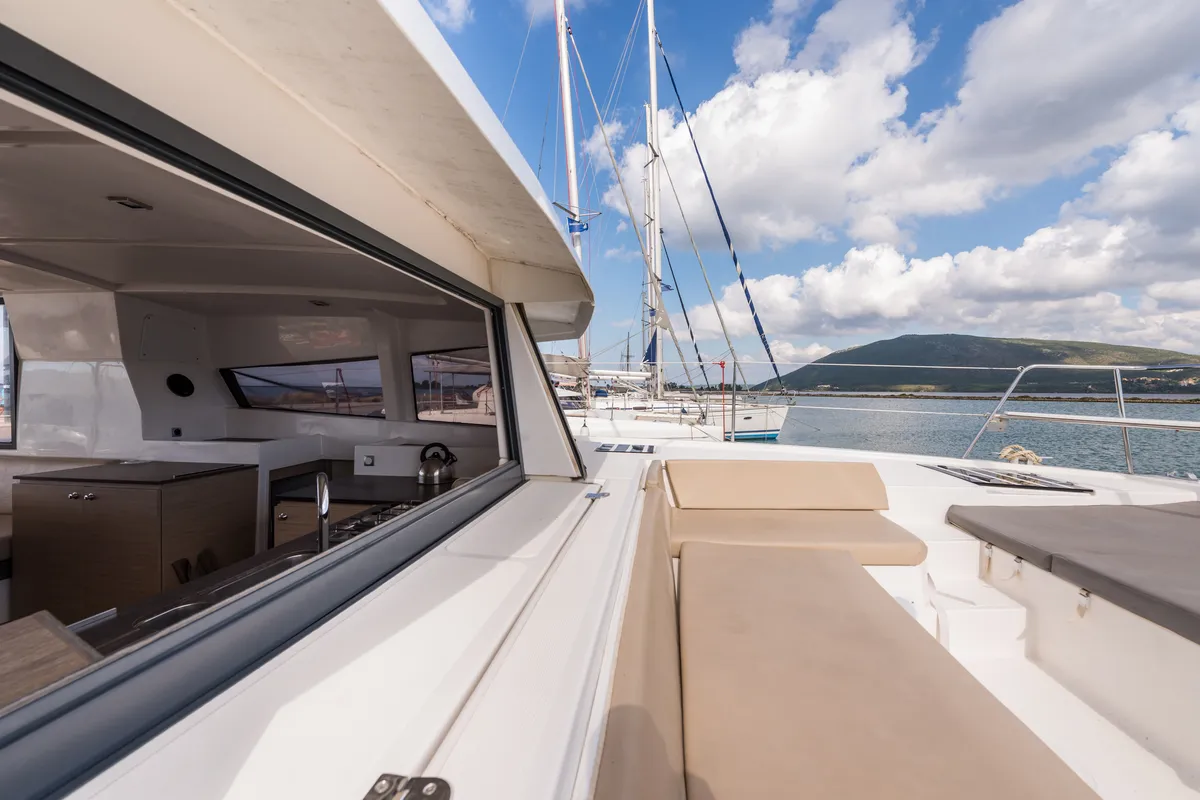 Deck of Vallejo, a Bali 4.0 catamaran at Municipal Unit of Lefkada, Greece