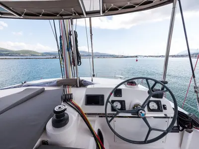 Cockpit of Vallejo, a Bali 4.0 catamaran at Municipal Unit of Lefkada, Greece