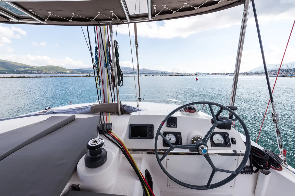 Cockpit of Vallejo, a Bali 4.0 catamaran at Municipal Unit of Lefkada, Greece