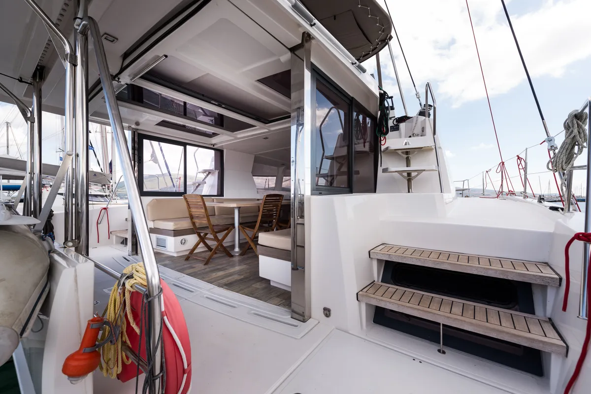 Deck of Vallejo, a Bali 4.0 catamaran at Municipal Unit of Lefkada, Greece