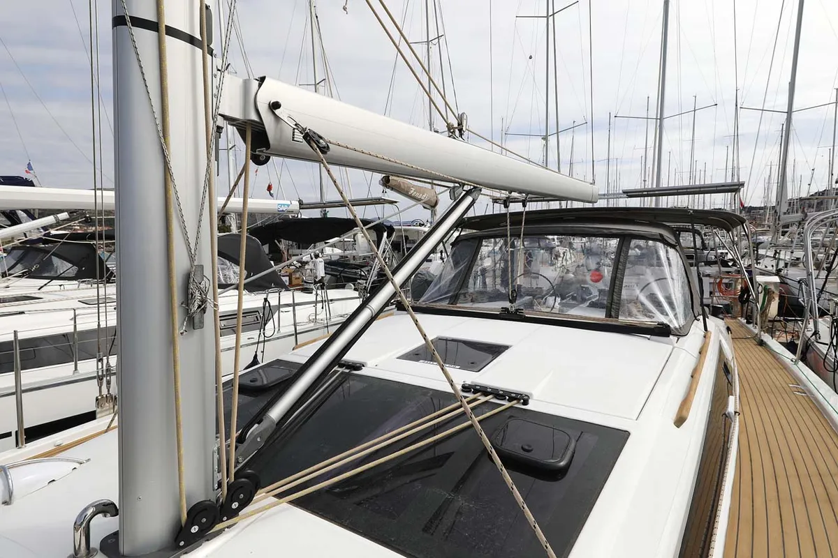 Deck of Lucia 1, a Dufour 430 sailboat at Grad Trogir, Croatia