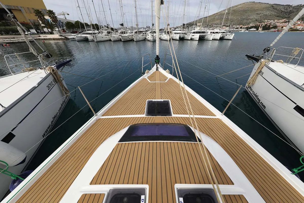 Deck of Lucia 1, a Dufour 430 sailboat at Grad Trogir, Croatia