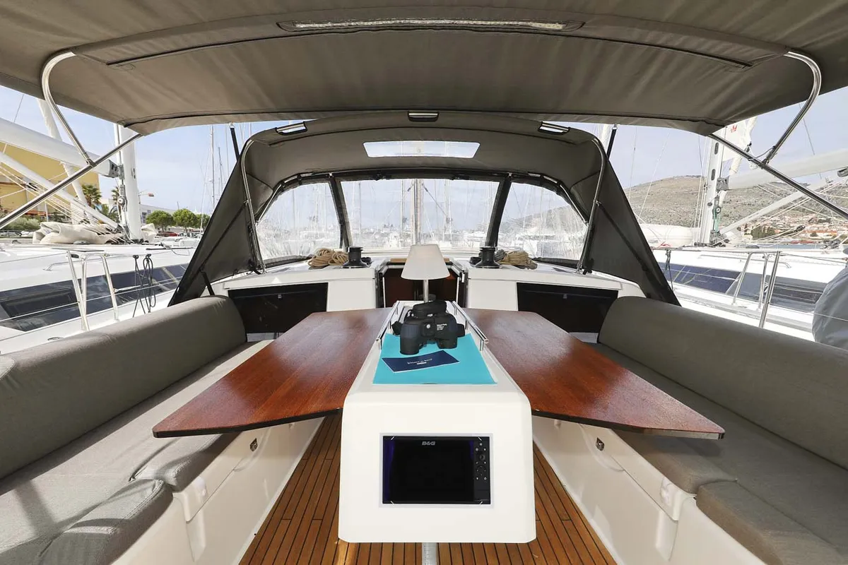 Cockpit of Lucia 1, a Dufour 430 sailboat at Grad Trogir, Croatia