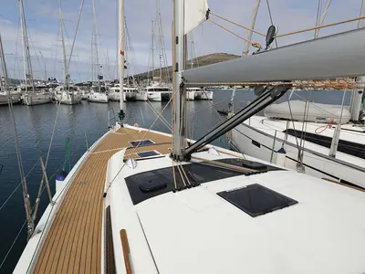 Deck of Lucia 1, a Dufour 430 sailboat at Grad Trogir, Croatia