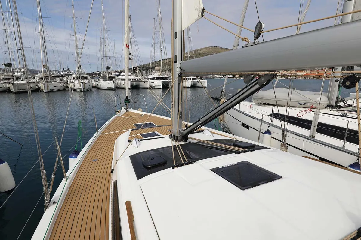 Deck of Lucia 1, a Dufour 430 sailboat at Grad Trogir, Croatia