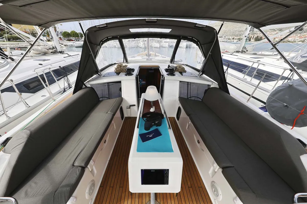 Cockpit of Lucia 1, a Dufour 430 sailboat at Grad Trogir, Croatia