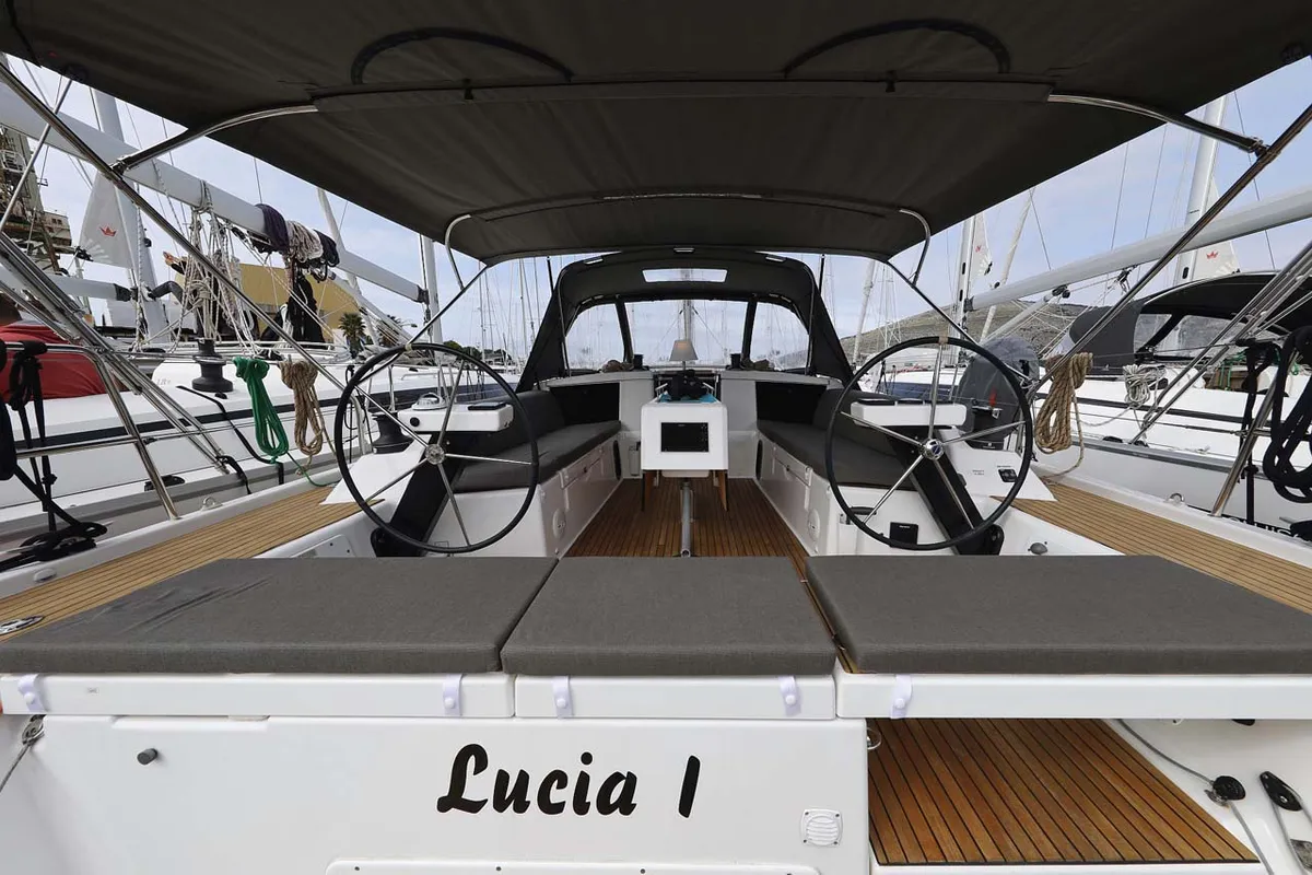 Cockpit of Lucia 1, a Dufour 430 sailboat at Grad Trogir, Croatia