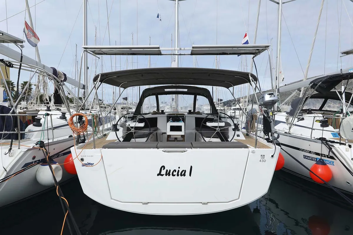 Exterior view of Lucia 1, a Dufour 430 sailboat at Grad Trogir, Croatia