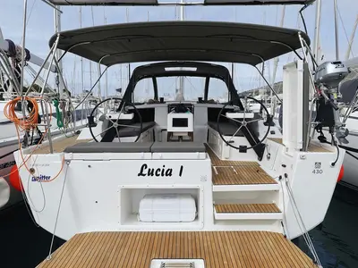 Cockpit of Lucia 1, a Dufour 430 sailboat at Grad Trogir, Croatia
