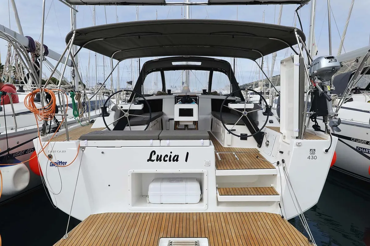 Cockpit of Lucia 1, a Dufour 430 sailboat at Grad Trogir, Croatia
