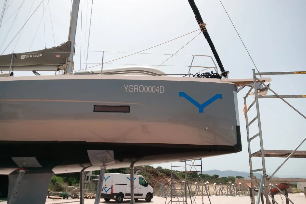 Exterior view of Billywig, a Dufour 430 sailboat at Olbia, Italy