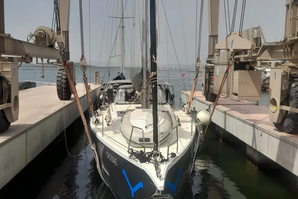 Exterior view of Billywig, a Dufour 430 sailboat at Olbia, Italy