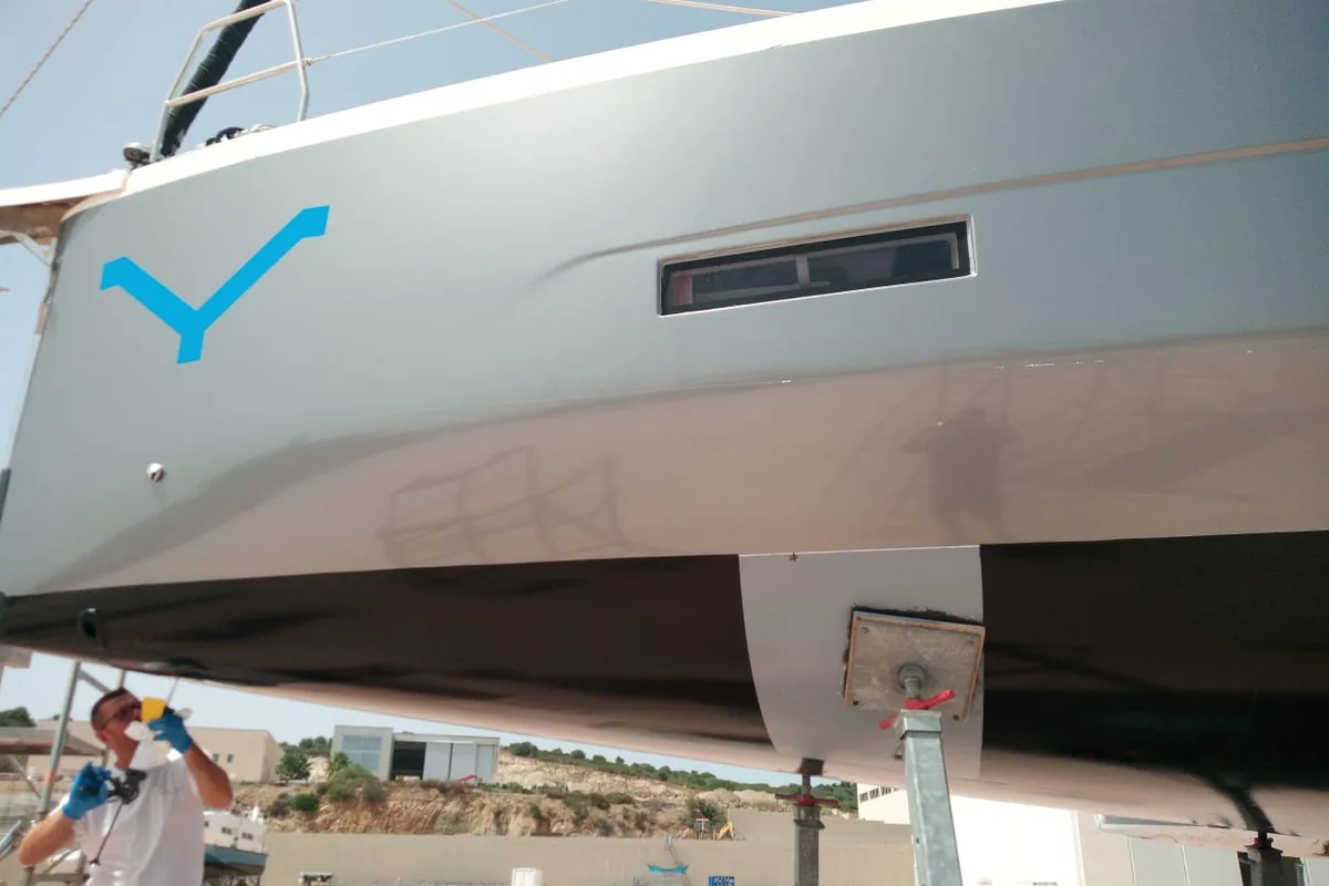 Exterior view of Billywig, a Dufour 430 sailboat at Olbia, Italy