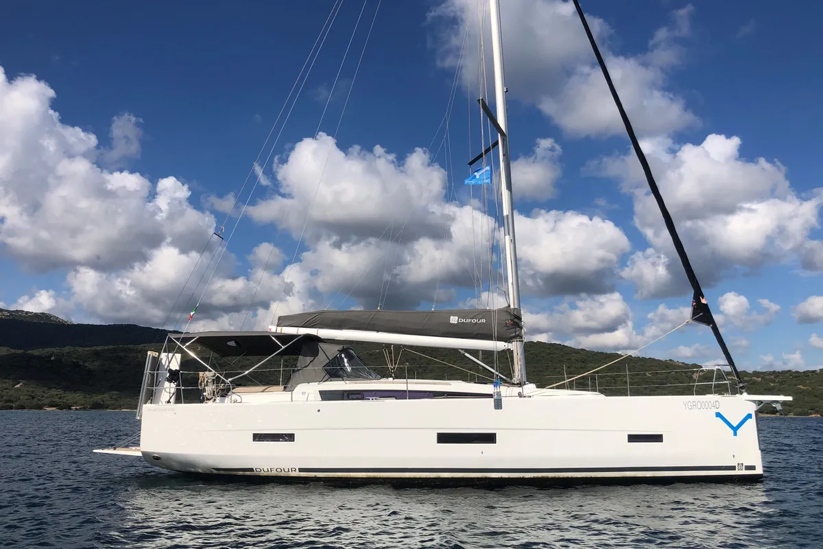 Exterior view of Billywig, a Dufour 430 sailboat at Olbia, Italy