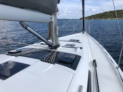 Deck of Billywig, a Dufour 430 sailboat at Olbia, Italy