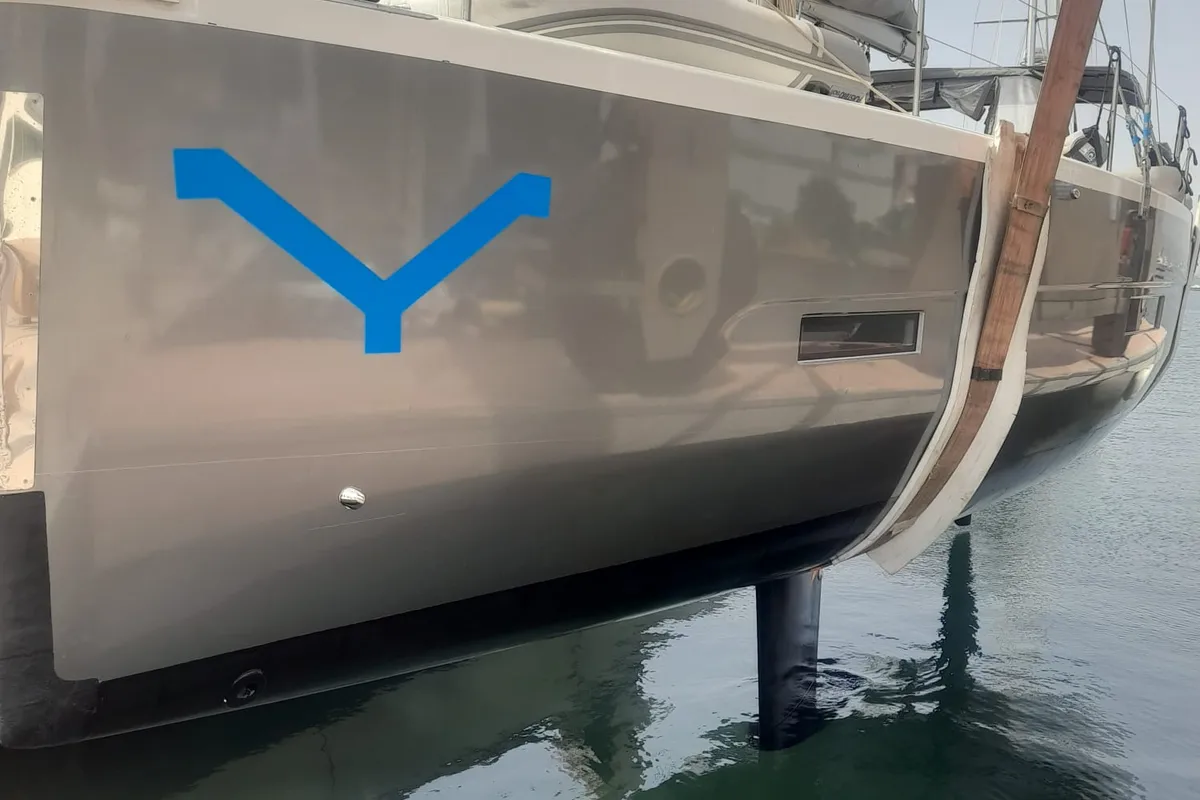 Exterior view of Billywig, a Dufour 430 sailboat at Olbia, Italy