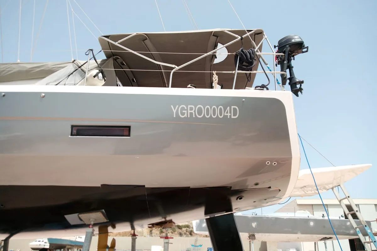 Exterior view of Billywig, a Dufour 430 sailboat at Olbia, Italy