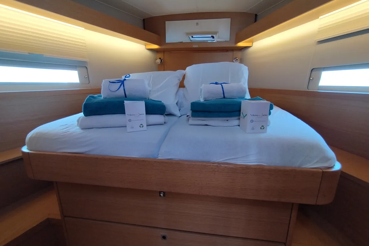 Cabin on Billywig, a Dufour 430 sailboat at Olbia, Italy