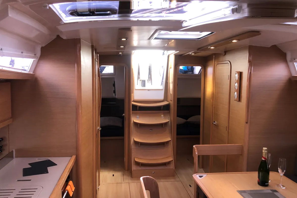 Salon of Billywig, a Dufour 430 sailboat at Olbia, Italy
