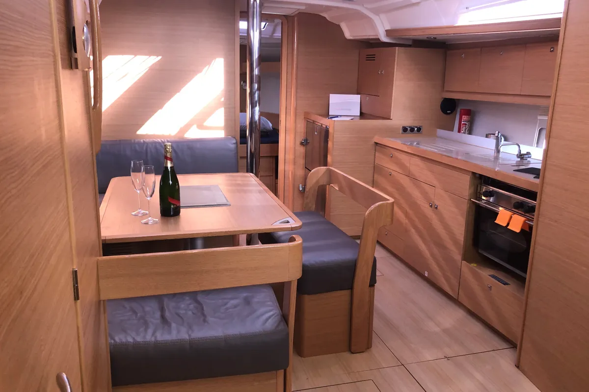 Salon of Billywig, a Dufour 430 sailboat at Olbia, Italy