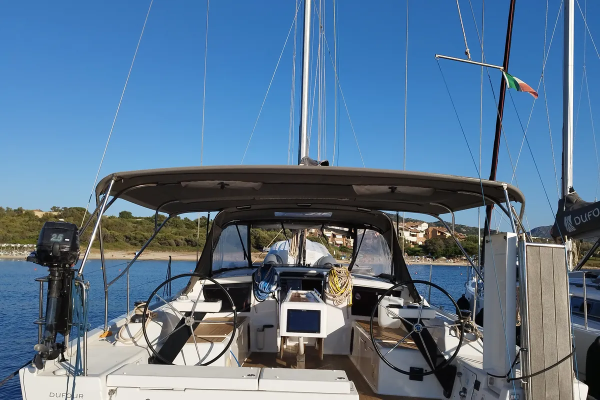 Exterior view of Billywig, a Dufour 430 sailboat at Olbia, Italy