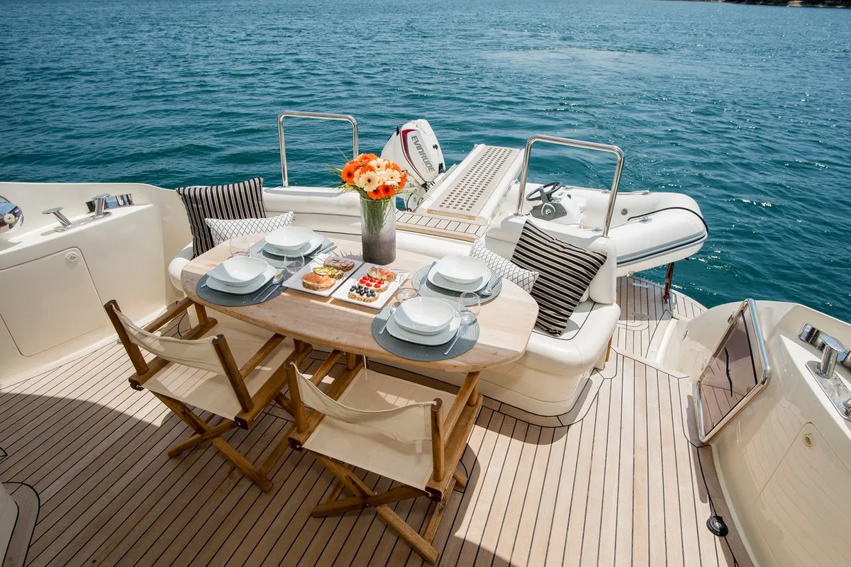Deck of Senza Parole, a Aicon 56 motor yacht at Podstrana - Miljevac, Croatia